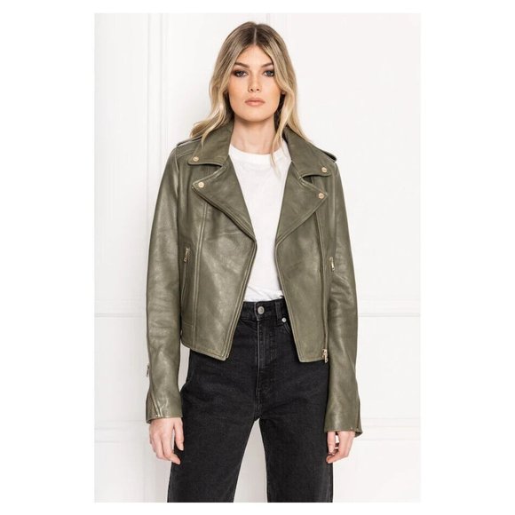 LAMARQUE Donna 21 Jacket In Vetiver Leather Biker Moto Jacket Casual sz S - Picture 7 of 16